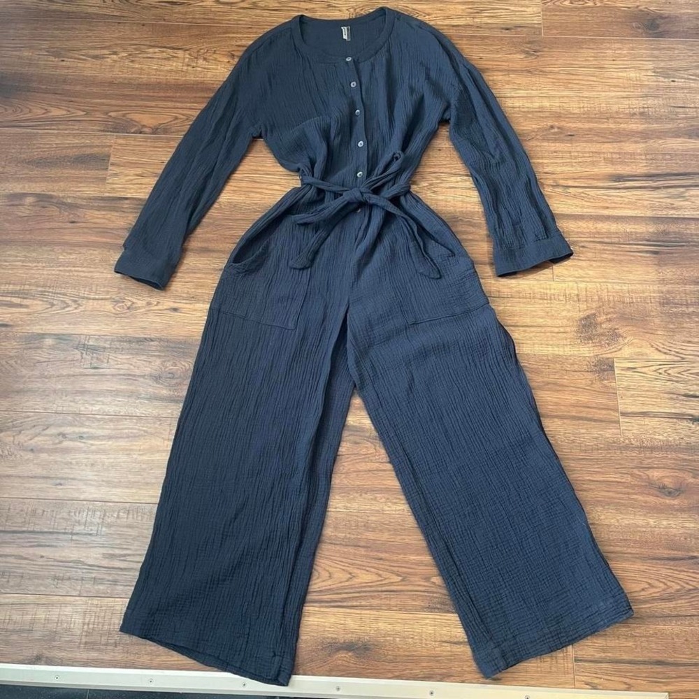 Simons Blue Jumpsuit Muslin Gauze Cotton‎ Wide Leg Button Front Pockets Women M
